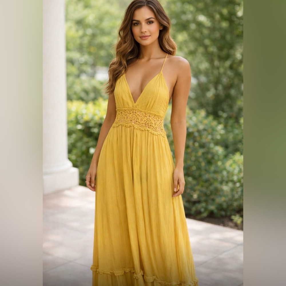 NWT Privy Mustard Lace Detail Maxi Dress